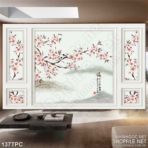 Tranh phào chỉ rèm màn psd những chú chim non trên cành đào