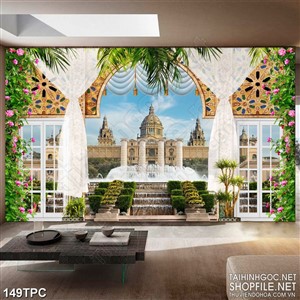 Tranh phào chỉ 5d những vòi phun nước trước tòa nhà rộng lớn