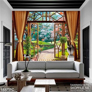 Tranh rèm màn decor trang trí đàn hươu trong rừng hoa anh đào