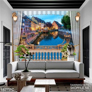 Tranh phào chỉ rèm màn psd thành phố sáng đèn trong đêm