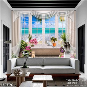 Tranh phào chỉ 5d cát vàng biển xanh sau bức rèm trắng