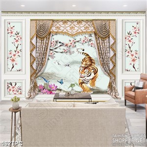 Tranh phào chỉ rèm màn psd chú hổ dữ trong rừng đào nở rộ