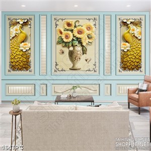 Tranh phào chỉ 5d đôi chim công bên bình hoa hướng dương