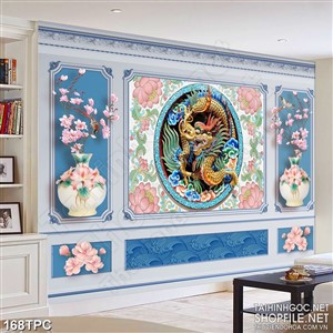 PSD tranh phào chỉ nghệ thuật thanh long bên hoa sen hồng