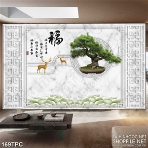 Tranh phào chỉ 5d đôi hươu vàng bên chậu cây thông xanh rì