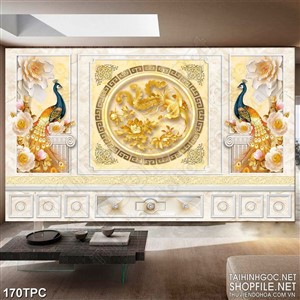 Tranh rèm màn decor trang trí đôi chim công bên phượng hoàng