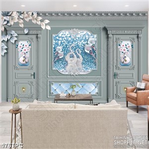 Tranh phào chỉ psd nghệ thuật đôi thiên nga bên hồ ngọc trai