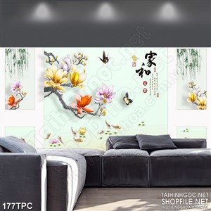 Tranh phào chỉ rèm màn psd cành hoa nở rộ trên hồ cá chép