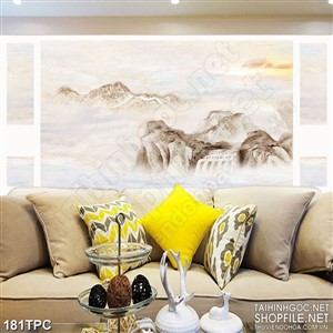 Tranh phào chỉ psd nghệ thuật ngọn núi nhấp nhô dưới đám mây