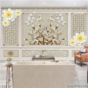 Tranh phào chỉ rèm màn psd bông hoa trắng bên đôi hươu vàng