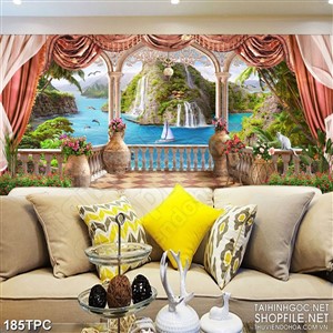 Tranh rèm màn decor trang trí hòn đảo ngọc trên biển xanh