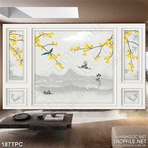 Tranh phào chỉ rèm màn psd cành hoa vàng trên sông đầy sương