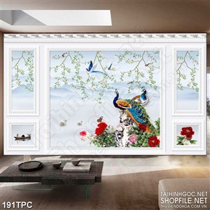 Tranh phào chỉ psd nghệ thuật đôi chim công đậu trên vách đá