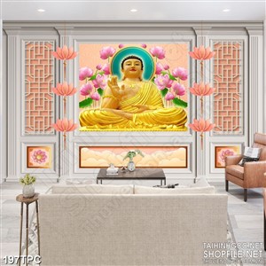 Tranh phào chỉ rèm màn psd Phật Di Lặc tọa lạc bên hồ hoa sen