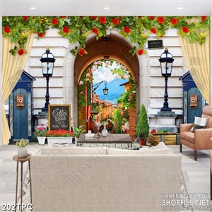 Tranh phào chỉ rèm màn psd không gian cổ điển đầy hoa đỏ