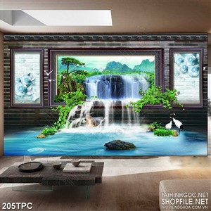 Tranh rèm màn decor trang trí con thác trắng xóa đổ ra sông