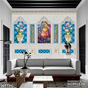 Tranh phào chỉ rèm màn psd Phật Di Lặc ngắm mắt bên hồ sen