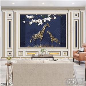 Tranh phào chỉ 5d đôi hươu cao cổ dáp vàng bên hoa trắng