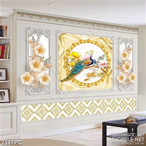 Tranh phào chỉ psd nghệ thuật chim công trên cành hoa trắng