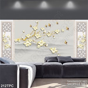 Tranh phào chỉ rèm màn psd đàn chim non trên cành hoa vàng