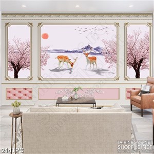 Tranh phào chỉ 5d đôi hươu con giữa rừng đào đầy tuyết phủ