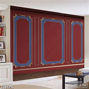 Tranh rèm màn decor trang trí đường chỉ xanh trên tường màu đỏ