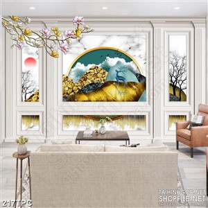 Tranh phào chỉ rèm màn psd chú hươu trên đỉnh núi đá vàng