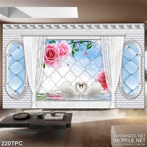 Tranh rèm màn decor trang trí bông hồng trên mặt hồ thiên nga