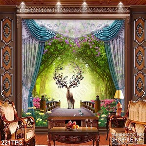 Tranh phào chỉ psd nghệ thuật cặp sừng chú hươu rổ đầy hoa lá