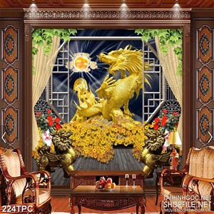 Tranh phào chỉ 5d chú rồng vàng truy ngọc trên núi kim tiền