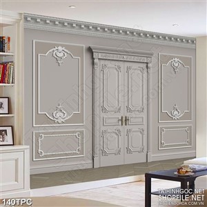 Tranh rèm màn decor trang trí cánh cửa giữa bức tường xám