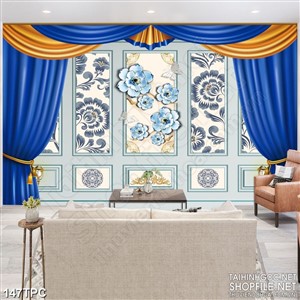 Tranh phào chỉ rèm màn xanh dương và bông hoa xanh ngọc psd