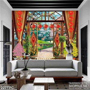 Tranh phào chỉ rèm màn psd những chiếc lồng đèn bên câu đối