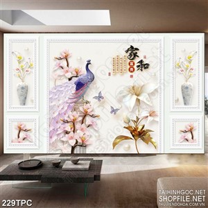 Tranh phào chỉ 5d chim công với chiếc đuôi hồng bên hoa ly