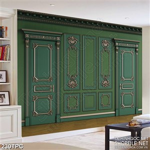 Tranh rèm màn decor trang trí bức tường màu xanh cổ điển