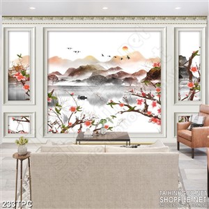 PSD tranh phào chỉ nghệ thuật người lái đò trên sông mờ sương