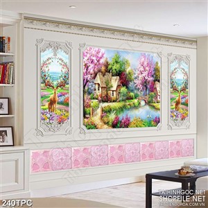 Tranh rèm màn decor trang trí ngôi nhà bên hồ nước trong xanh