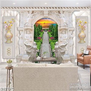 Tranh phào chỉ rèm màn psd con đường màu xanh của cung điện