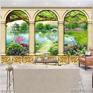 Tranh phào chỉ 5d con đường nhỏ lát đá dẫn ra hồ cá chép