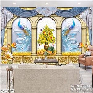 Tranh phào chỉ psd nghệ thuật đôi chim công bên chậu mai vàng