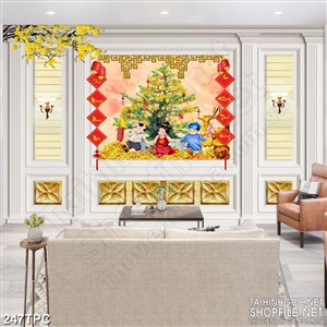 Tranh phào chỉ rèm màn psd chậu mai vàng bên câu đối đỏ