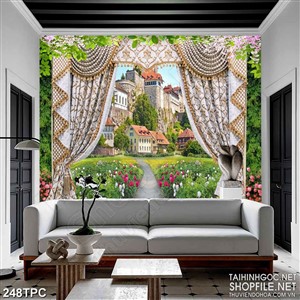 PSD tranh phào chỉ nghệ thuật khu vườn đầy hoa trong thành phố