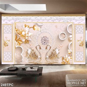 Tranh phào chỉ 5d bông sen đính ngọc bên đôi thiên nga dáp vàng