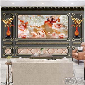 Tranh rèm màn decor trang trí đóa mẫu đơn trên hồ thiên nga