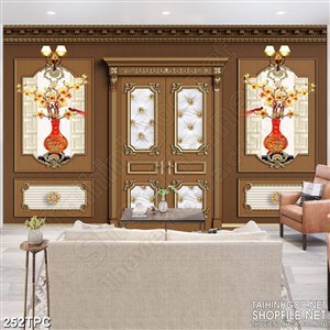 Tranh phào chỉ rèm màn psd cành mai vàng trong bình gốm đỏ