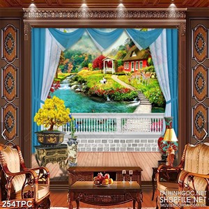 Tranh phào chỉ 5d cây cầu nhỏ trên sông dẫn vào ngôi làng