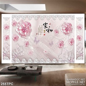Tranh rèm màn decor trang trí bông hoa màu hồng giả ngọc