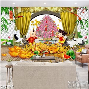 Tranh phào chỉ rèm màn psd đôi linh đồng bên chậu đào tết