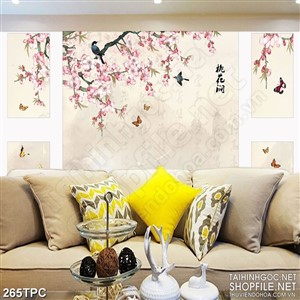 Tranh rèm màn decor trang trí chim non trên cành đào khoe sắc