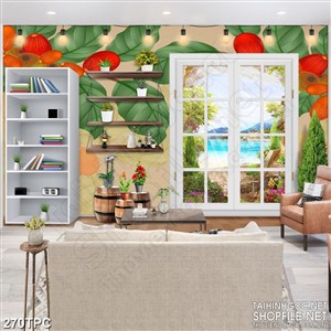 Tranh rèm màn decor trang trí chiếc giá sách bên của sổ